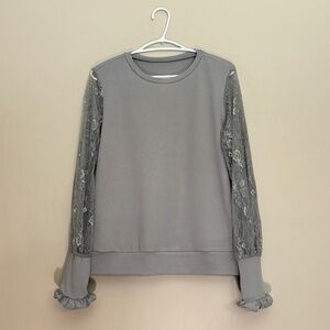 Grey Light Knit Long Sleeve Tee Lace Sleeve and Ruffle Wrists NWoT